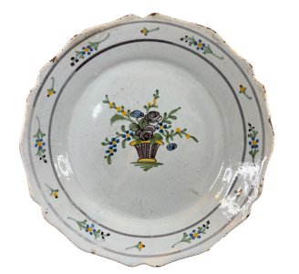 Nevers plate 18th century earthenware decorated with a bouquet of black roses, ancient rare 18th century.