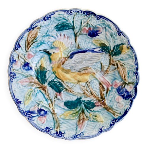 Assiette oiseau antique du XIXe siècle en barbotine de Wasmuël