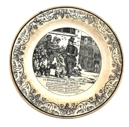 Assiette parlante 1828 – Creil & Montereau – “La Bouquetière & le Croque-Mort” –