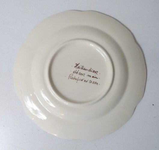 assiette plate bleue aux oiseaux signée Taillandier Rochefort en Terre