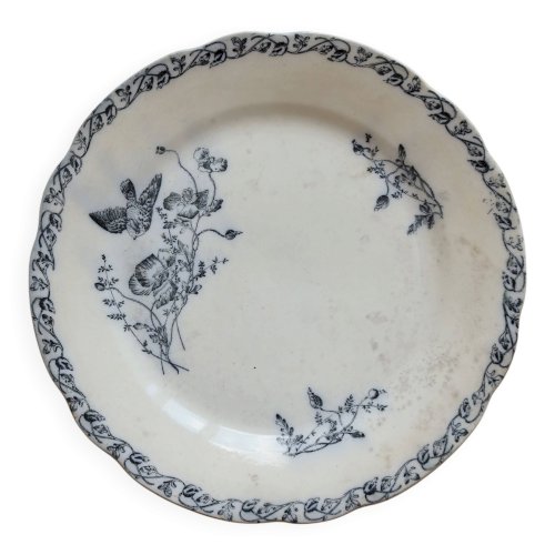 Assiette plate terre de fer Onnaing - Décor végétal bleu