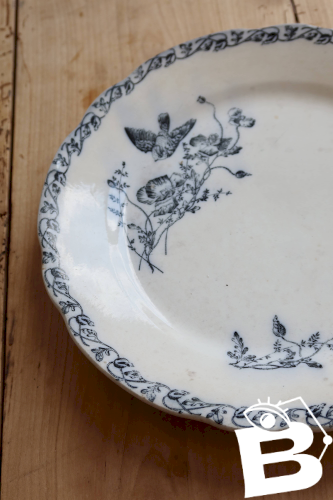 Assiette plate terre de fer Onnaing - Décor végétal bleu