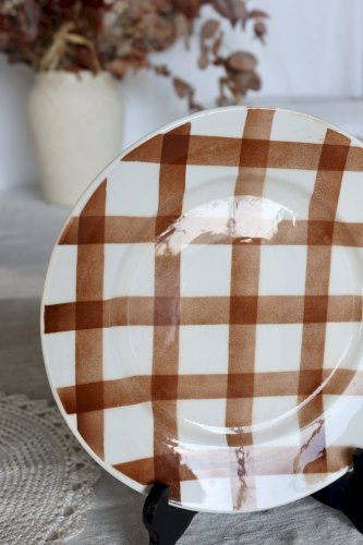 Assiette plate vintage faïence -  modèle Nappe marron - Moulin des Loups