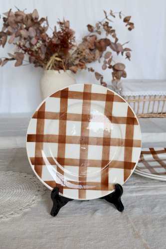 Assiette plate vintage faïence -  modèle Nappe marron - Moulin des Loups