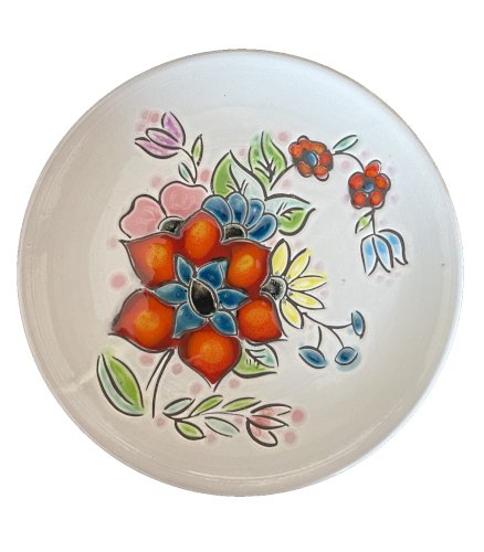 assiette Vallauris avec décor de fleurs vintage déco fait main piece unique