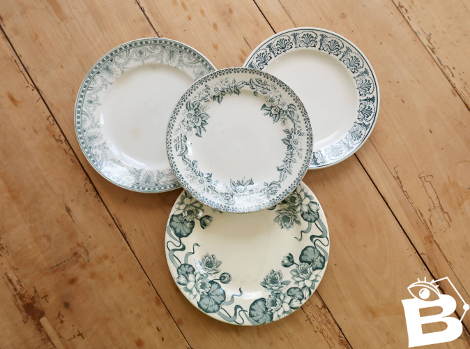 Assiettes à dessert vintage dépareillées terre de fer - Tons verts
