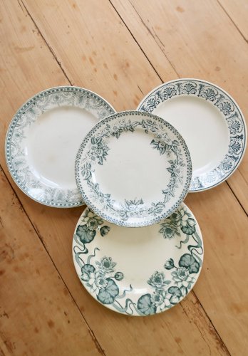 Assiettes à dessert vintage dépareillées terre de fer - Tons verts