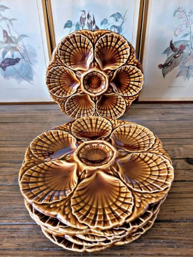 Assiettes à huîtres barbotine Sarreguemines, marron (lot de 6)