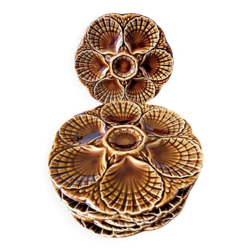 Assiettes à huîtres barbotine Sarreguemines, marron (lot de 6)
