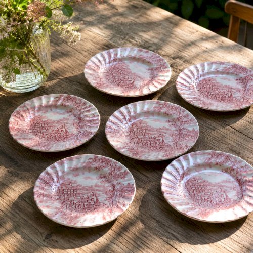Assiettes anciennes anglaises Myott Staffordshire terre de fer rose