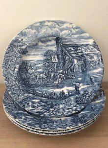 Retro vintage white and blue shallow porcelain dishes England.