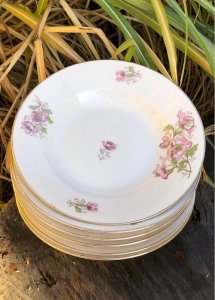 Vintage porcelain soup plates with pink flower patterns