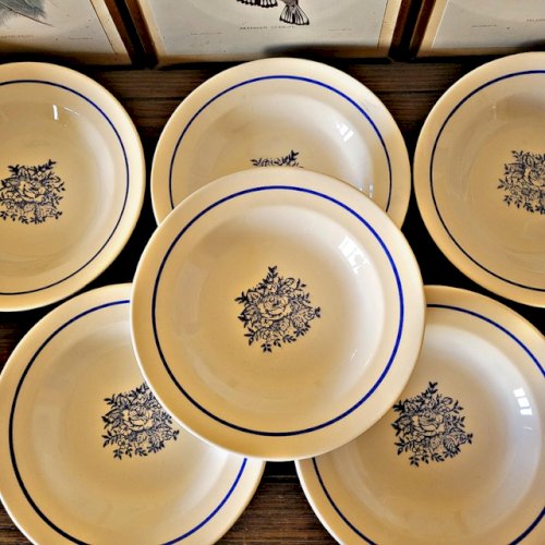 Assiettes creuses vintage faïence ADP, motifs de roses couleur bleu