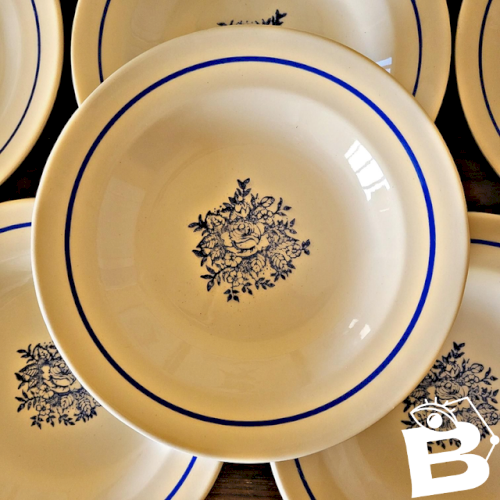 Assiettes creuses vintage faïence ADP, motifs de roses couleur bleu