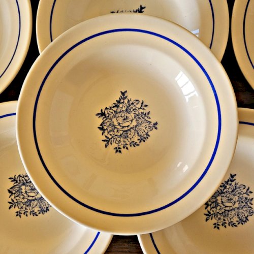 Assiettes creuses vintage faïence ADP, motifs de roses couleur bleu