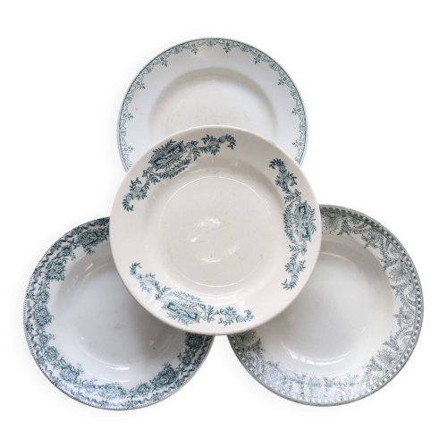 Assiettes demies creuses vintage dépareillées terre de fer - Décor vert