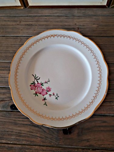 Assiettes dessert, KG Lunéville Florence avec plat gâteaux, fleurs roses