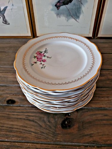 Assiettes dessert, KG Lunéville Florence avec plat gâteaux, fleurs roses