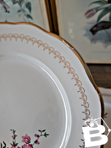 Assiettes dessert, KG Lunéville Florence avec plat gâteaux, fleurs roses