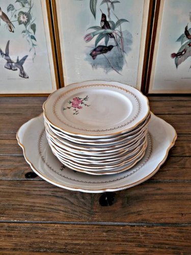 Assiettes dessert, KG Lunéville Florence avec plat gâteaux, fleurs roses