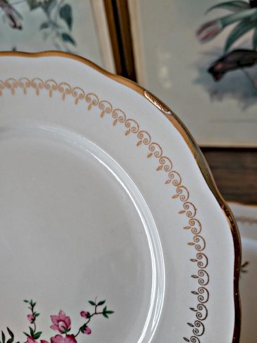 Assiettes dessert, KG Lunéville Florence avec plat gâteaux, fleurs roses