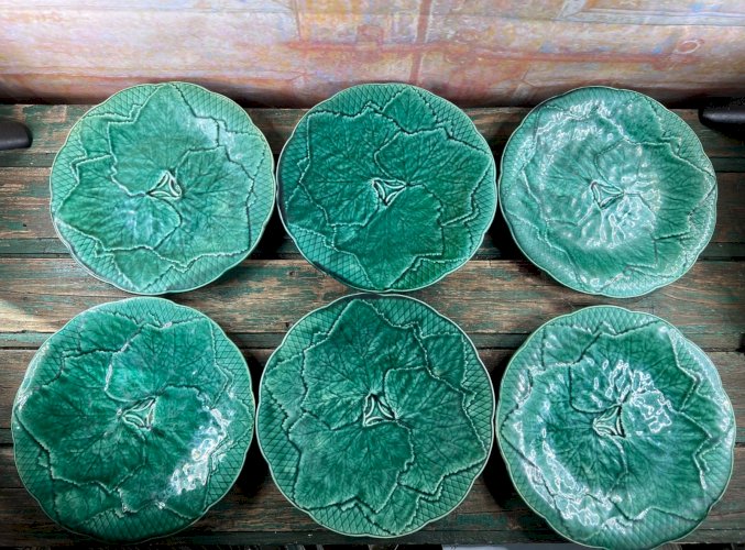 Assiettes Gien Primefleur barbotine verte lot 6 feuilles 21cm