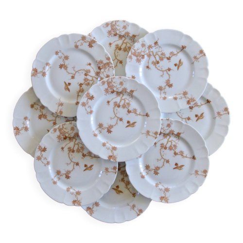Assiettes plates anciennes en porcelaine de Limoges Haviland, décor oiseaux