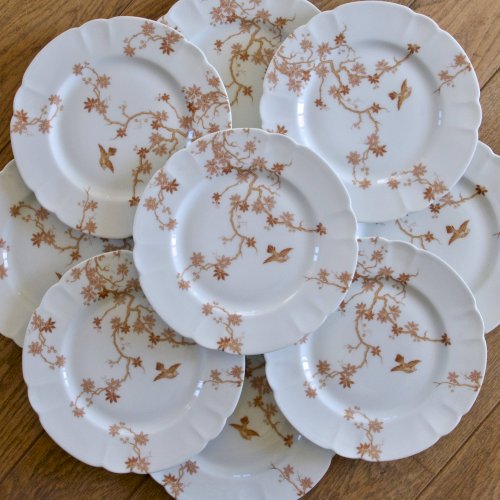 Assiettes plates anciennes en porcelaine de Limoges Haviland, décor oiseaux