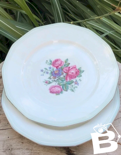Assiettes plates en porcelaine motifs pivoines plus plat ovale assorti offert