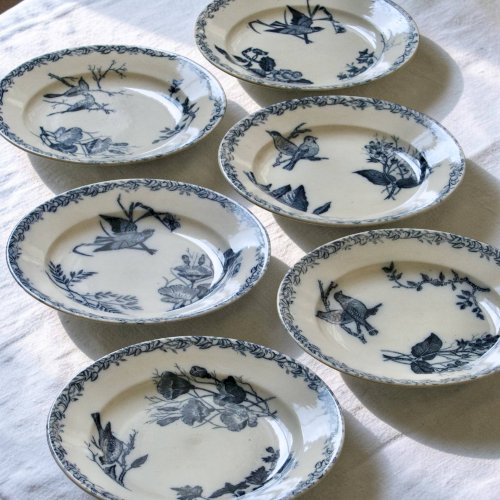 Assiettes plates oiseaux du XIXe siècle terre de fer signées Onnaing