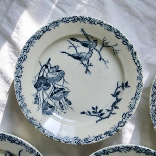 Assiettes plates oiseaux du XIXe siècle terre de fer signées Onnaing
