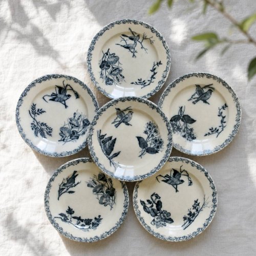 Assiettes plates oiseaux du XIXe siècle terre de fer signées Onnaing