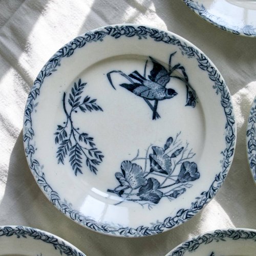 Assiettes plates oiseaux du XIXe siècle terre de fer signées Onnaing