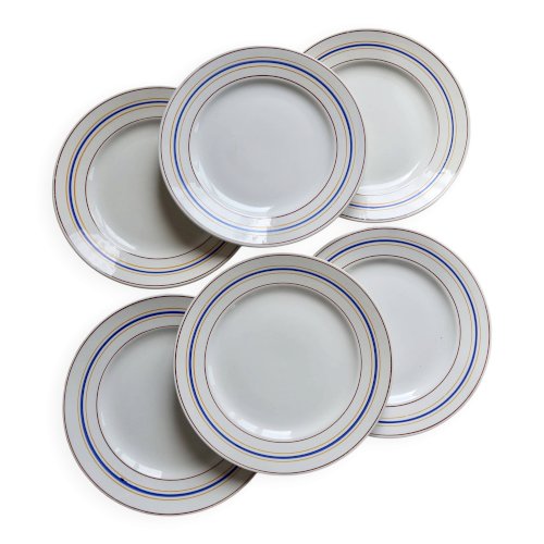 Assiettes plates vintage Céranord Saint-Amand rayures rouge, bleu et jaune