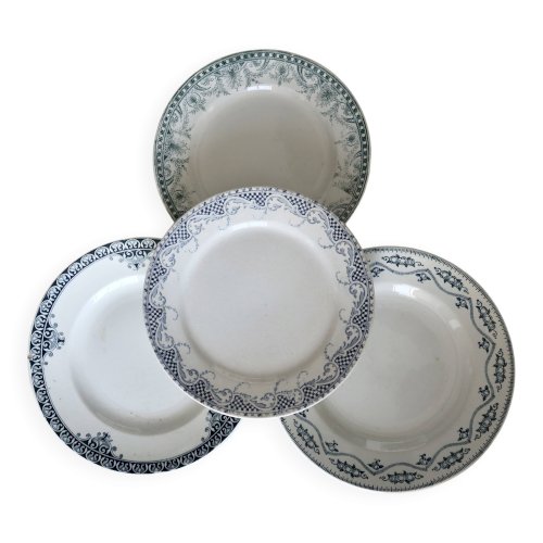 Assiettes plates vintage dépareillées en terre de fer vert et bleu