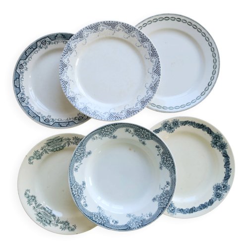 Assiettes plates vintage dépareillées terre de fer - Décor bleu / vert