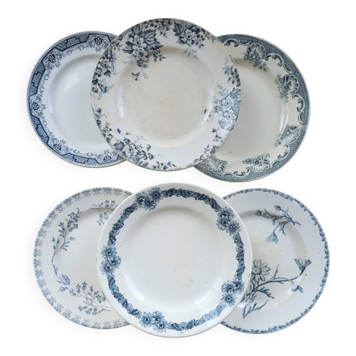 Assiettes plates vintage dépareillées terre de fer - Décor bleu