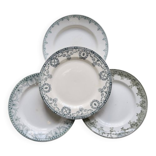 Assiettes plates vintage dépareillées terre de fer - Décor vert