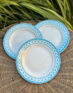 Assiettes rétro vintage blanches contours bleus