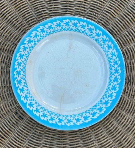 Assiettes rétro vintage blanches contours bleus