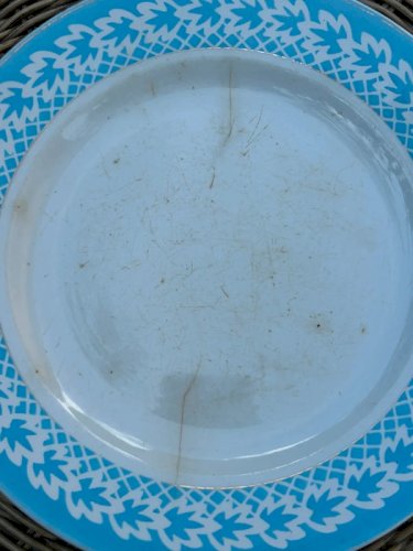 Assiettes rétro vintage blanches contours bleus