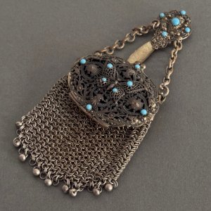 Silver metal and turquoise Art Nouveau purse with a chatelaine design M3725