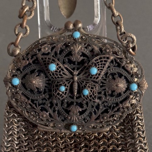 Aumônière bourse châtelaine métal argenté et turquoises Art Nouveau M3725