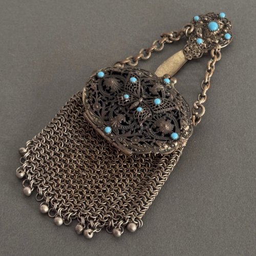 Aumônière bourse châtelaine métal argenté et turquoises Art Nouveau M3725