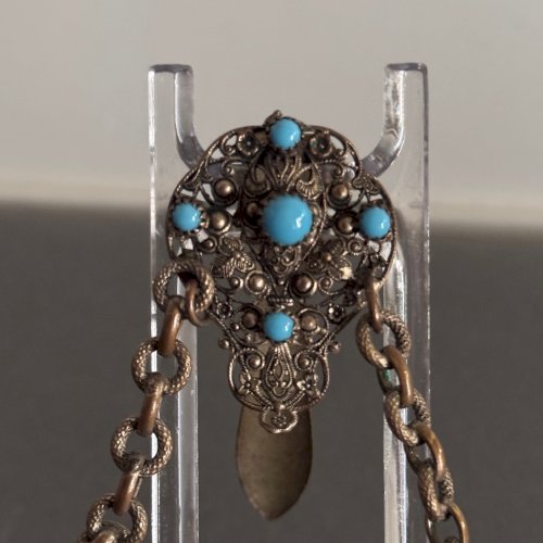 Aumônière bourse châtelaine métal argenté et turquoises Art Nouveau M3725