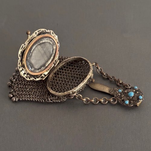 Aumônière bourse châtelaine métal argenté et turquoises Art Nouveau M3725