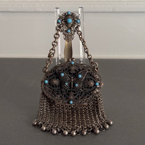 Aumônière bourse châtelaine métal argenté et turquoises Art Nouveau M3725