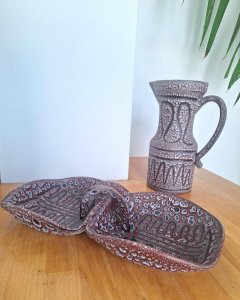 Austruy Vallauris vintage ceramic vase and plate, antique decoration