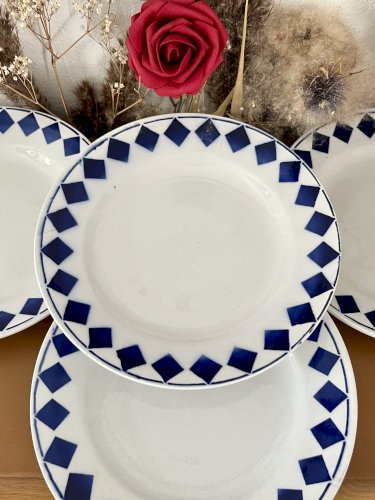 Authenticité - 4 assiettes plates/semi-creuses Losanges bleues - Lamandinoise - Saint Amand 