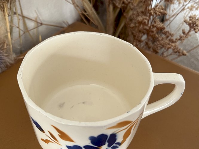 Authenticité - Tasse à café/thé  Fleurs bleues/orange - 9,5 cm - Badonviller 